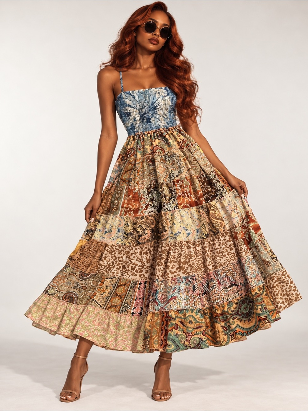 POL Multicolor Boho Patchwork Maxi Dress with Blue Smocked Bodice